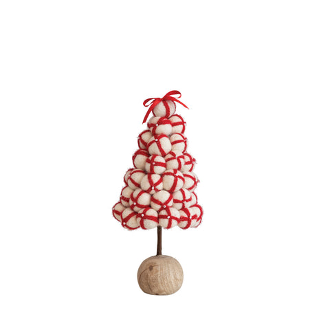 Olivewood’s Home Line~ 9” Handmade Wool Felt Pom Pom Tree w/ Wood Ball Base, Glass Beads & Satin Ribbon