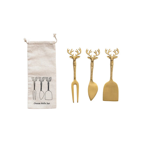 Olivewood’s Home Line~ Brass Cheese Knives w/ Reindeer Handles, Set of 3 in Printed Drawstring Bag